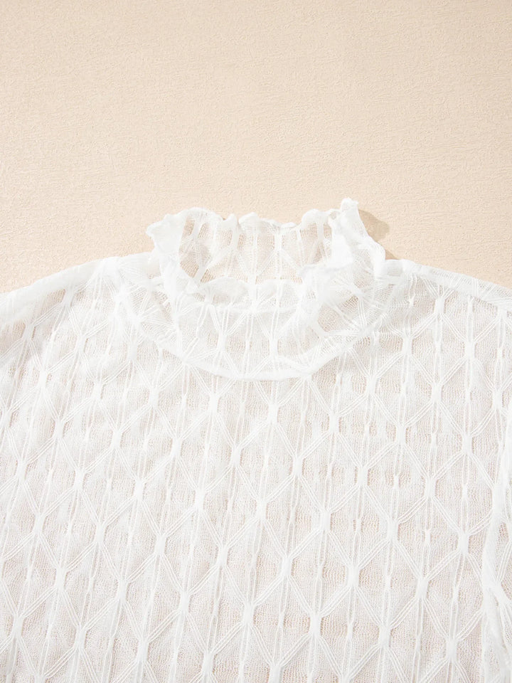 Sheer Mesh Patterned Lettuce Trim Slim Long Sleeve Top