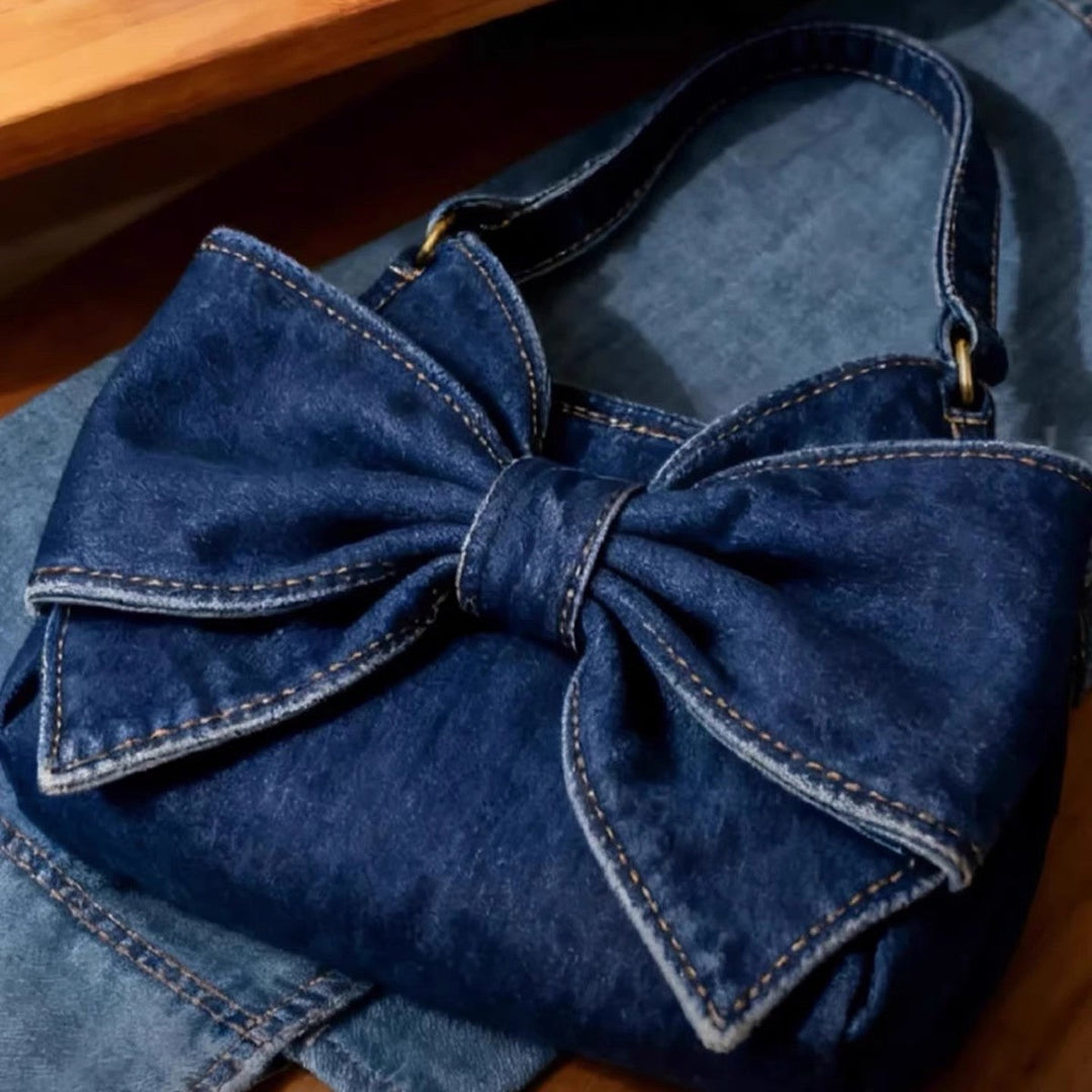 Large-Capacity Denim Crossbody Bag With Bow