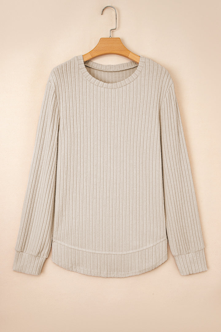 Jet Stream Ribbed Texture Round Neck Long Sleeve Rounded Hem Knit Top