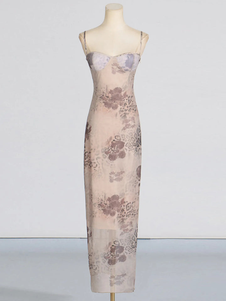 Printed Sweetheart Neck Bodycon Maxi Dress