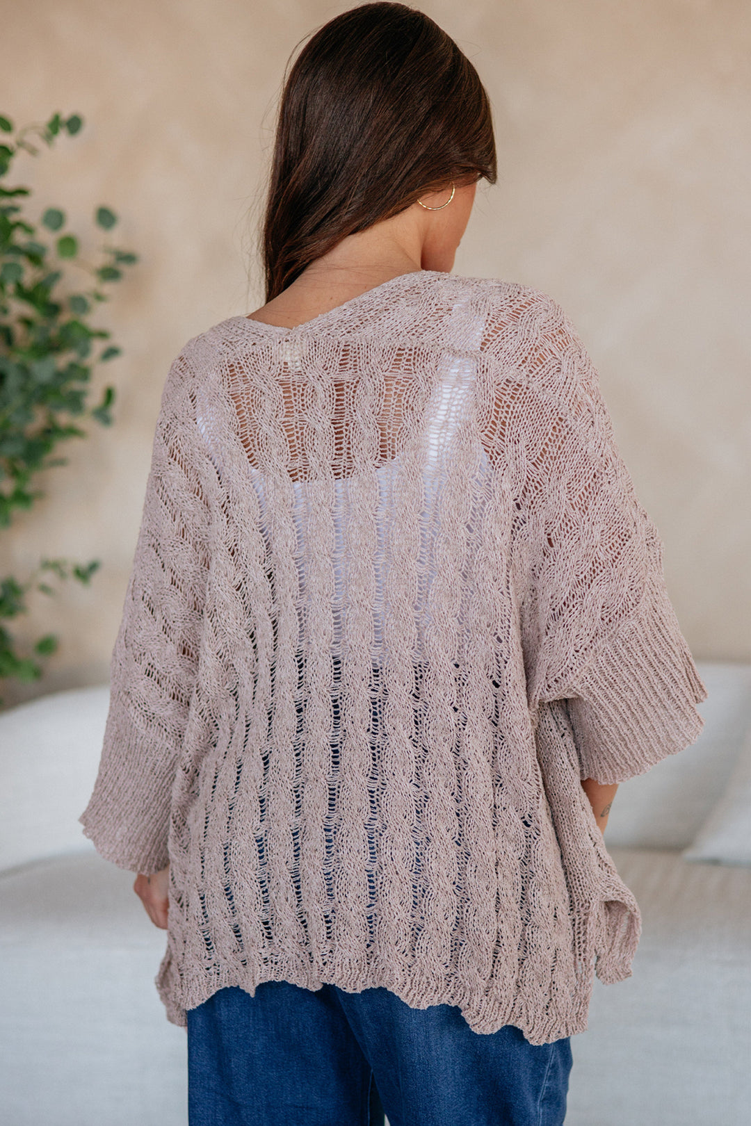 Old Rose Hollowed Pattern Knit Drop Shoulder Open Sweater Cardigan