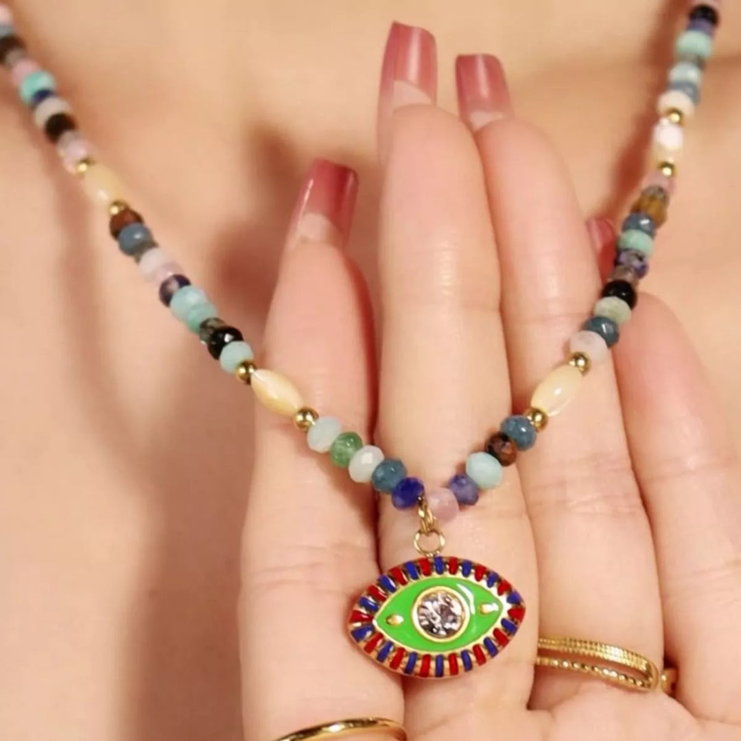 Zircon Bead Evil Eye Pendant Necklace