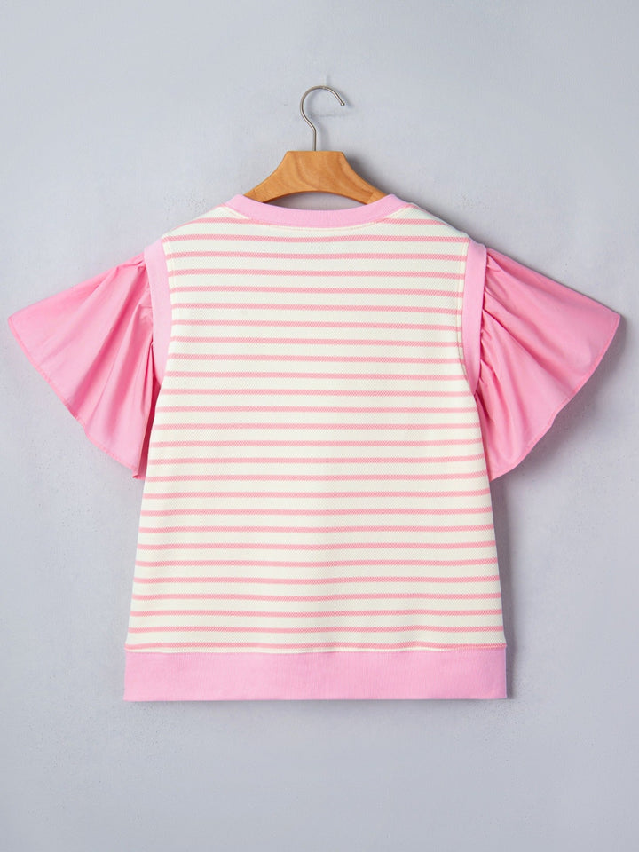 Stripe Ruffled Short Sleeve Patchwork Blouse
