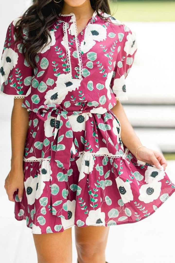 Red Floral Print Trimmed Short Puff Sleeve Mini Dress with Belt
