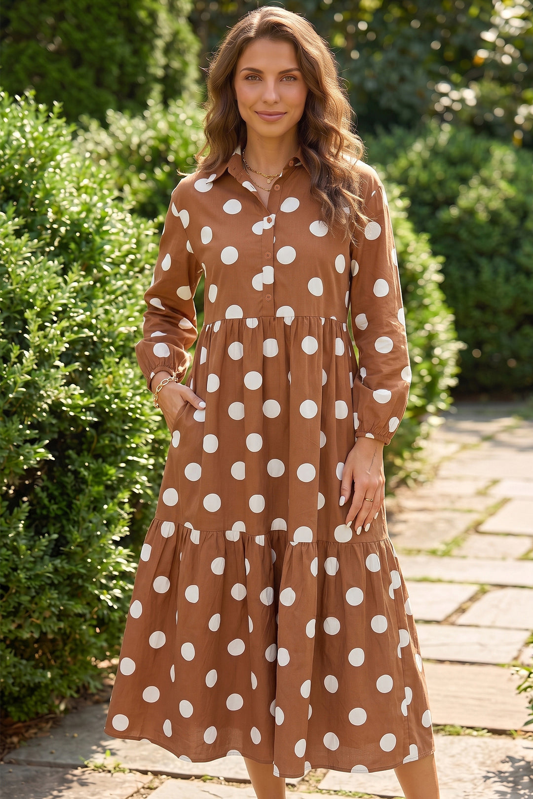 Brown Polka Dot Button Front Long Sleeve Shift Dress