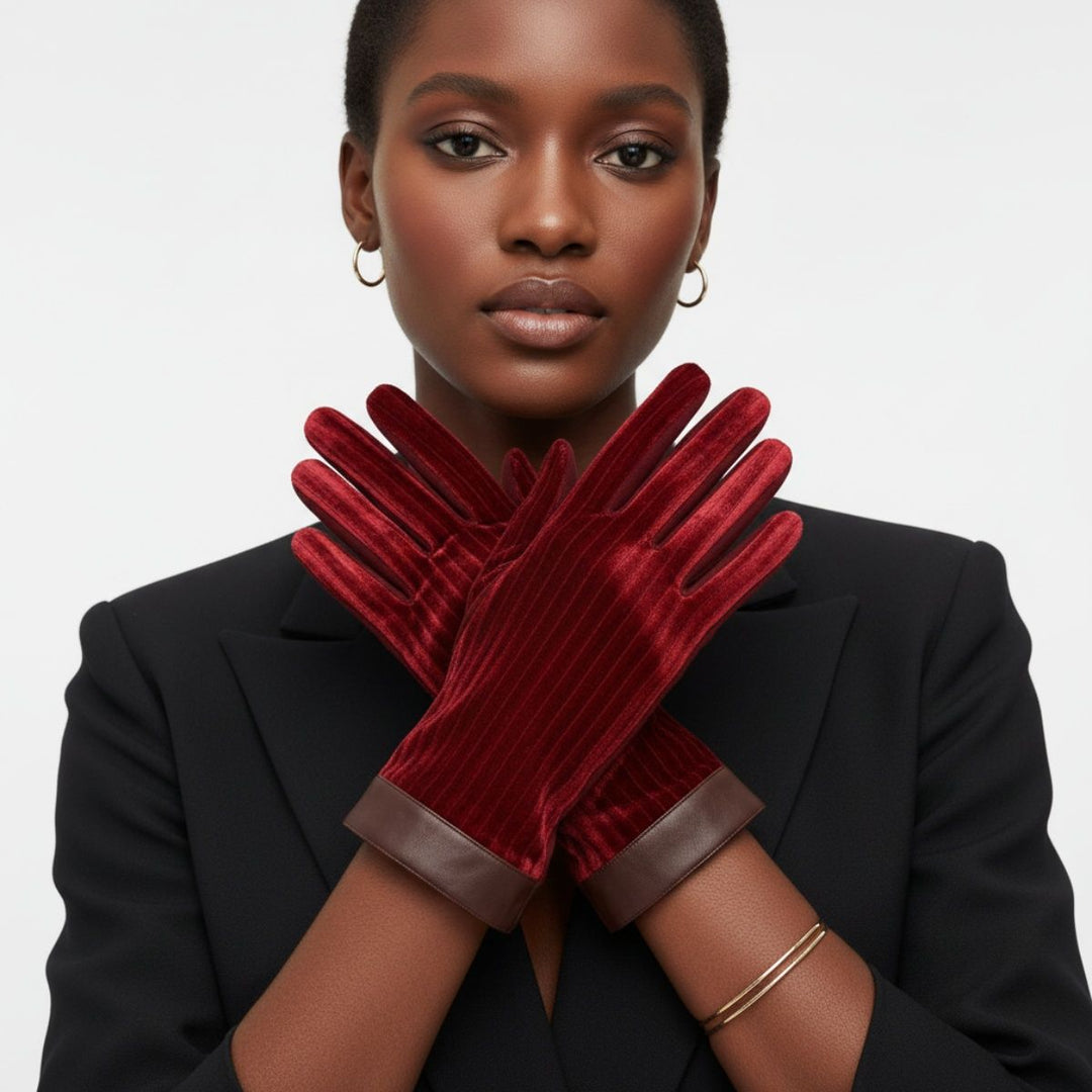 Wine Fur Stripe Leather Touchscreen Winter Gloves
