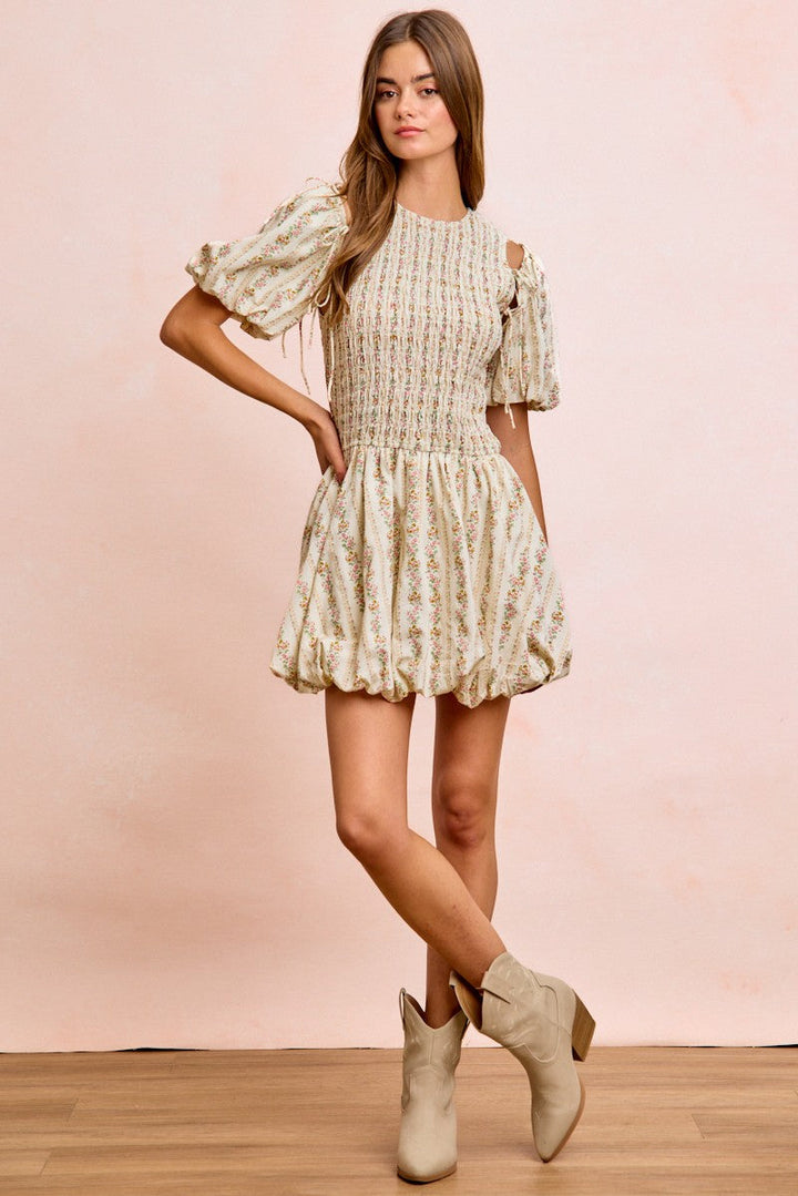 BiBi Floral Bow Tie Attachable Puff Sleeves Dress