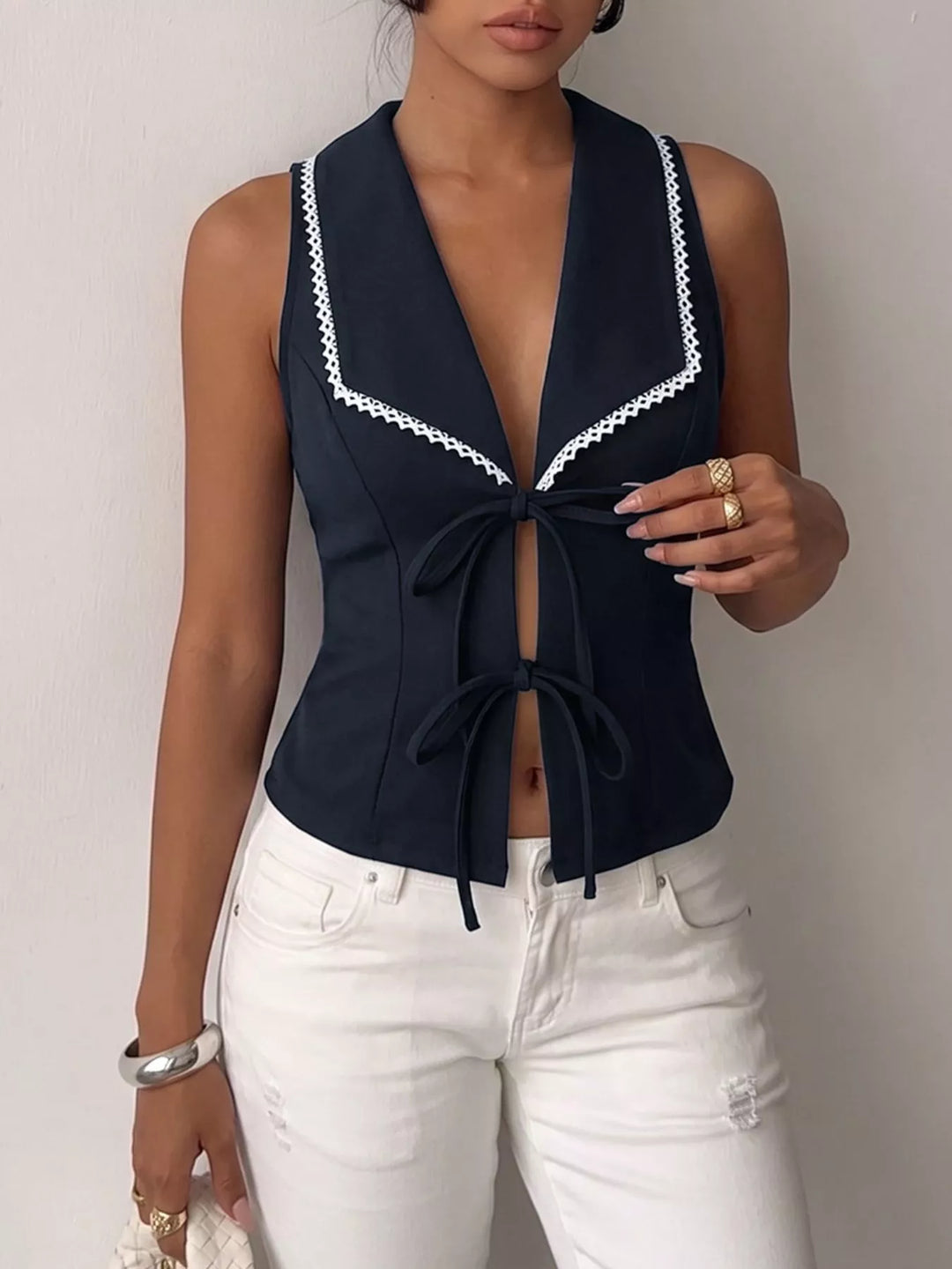 Lace Trim Tie-Front Vest