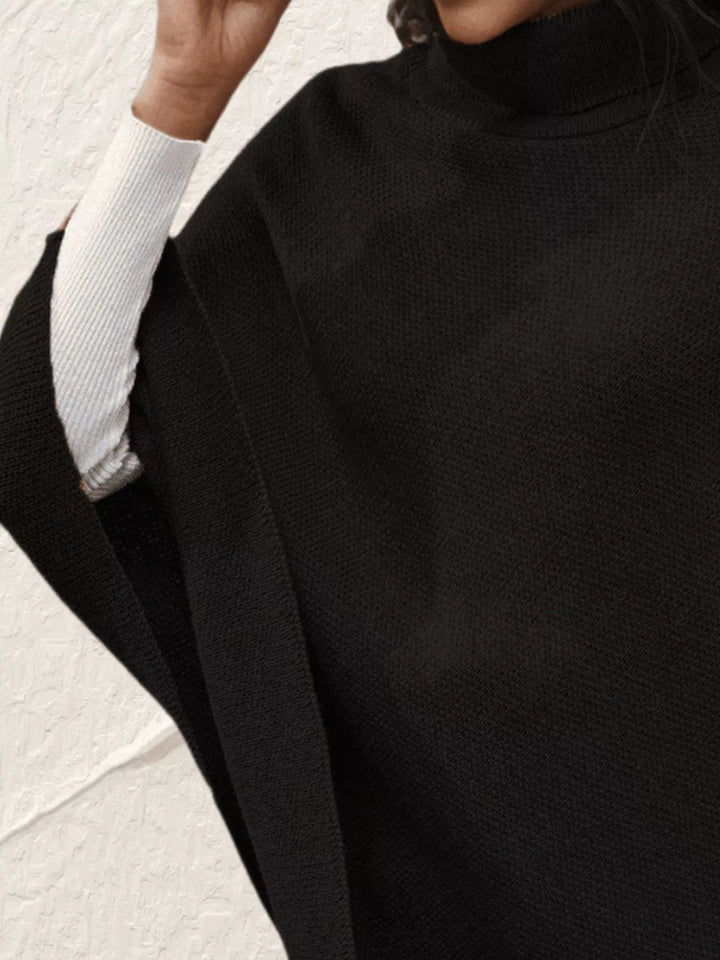 Button-Decor Turtleneck Poncho Pullover