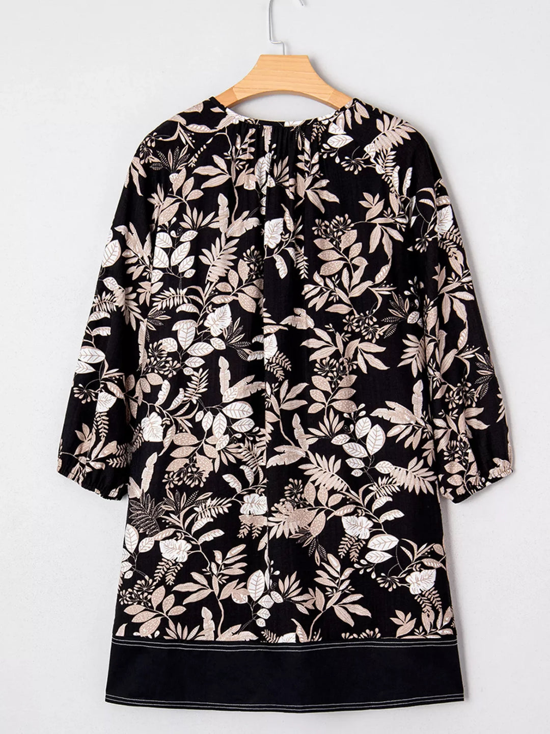 3/4 Sleeve Botanical Print Split Neck Loose Mini Dress
