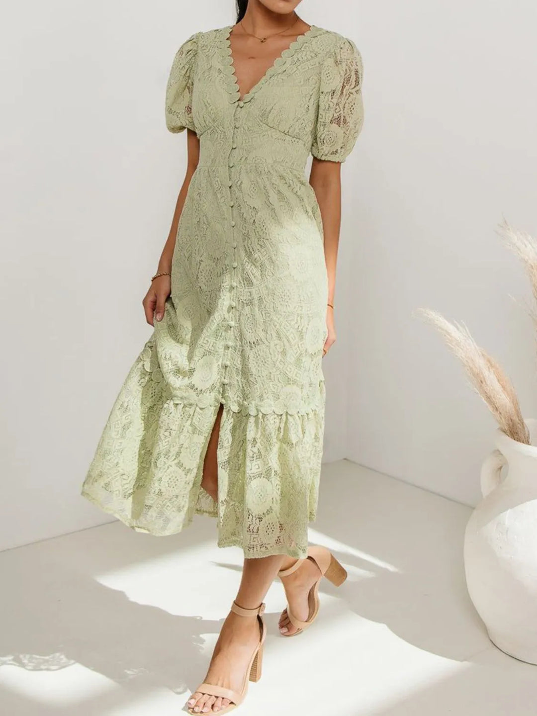 Lace V-Neck Short Sleeve Dress