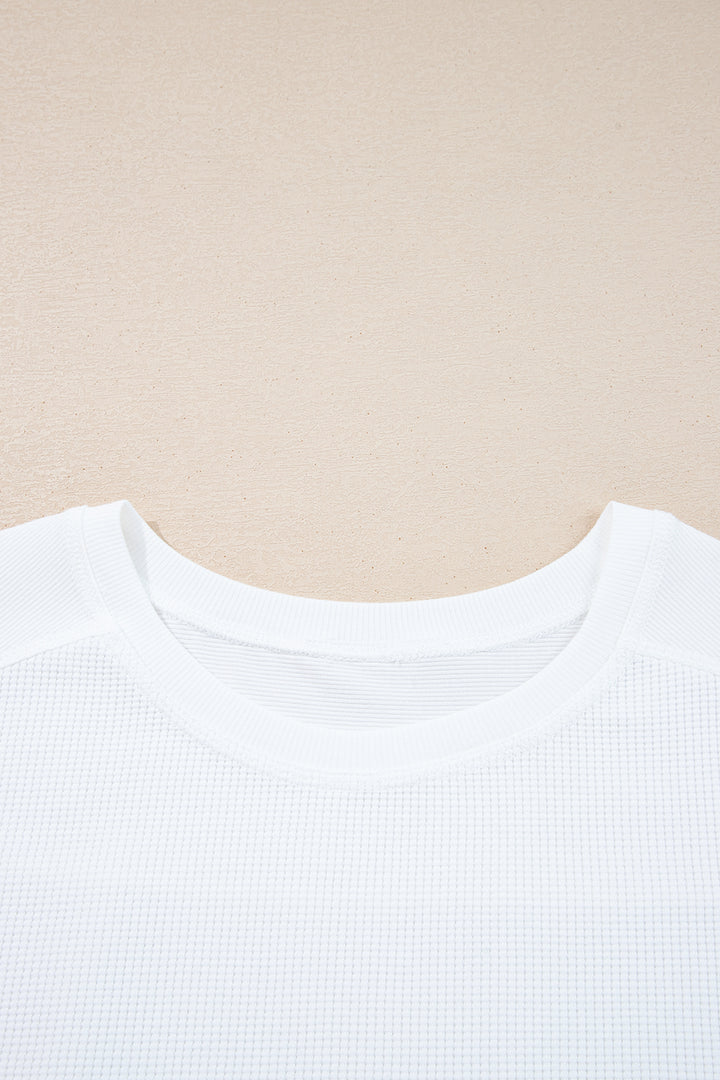White Solid Color Waffle Ribbed Patchwork Dolman Sleeve Oversize Knit Top