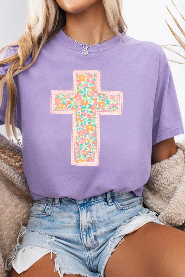 Wisteria Easter Floral Cross Christian Casual Tee