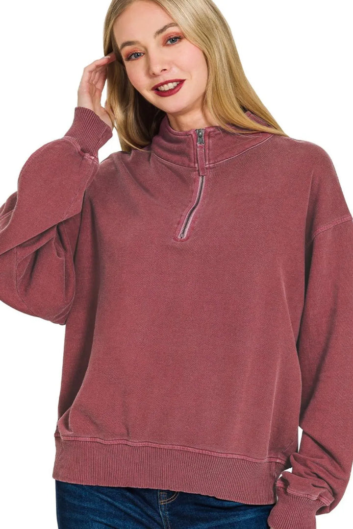 Zenana F/terry Pigment Dye & Enzyme Washing Half Zip Top