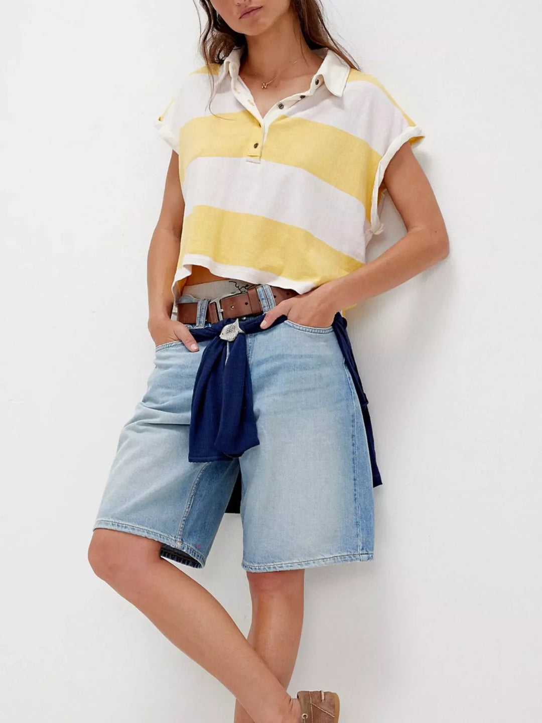Half Button Striped Short Sleeve Cropped Polo Shirt