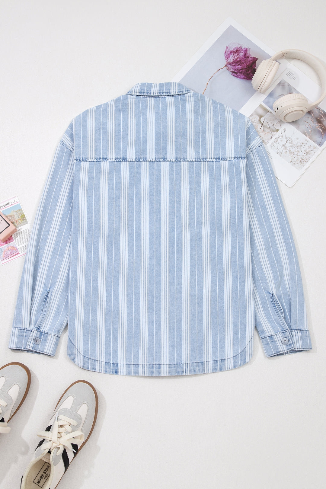 Sky Blue Stripe Boyfriend Chest Pocket Classic Denim Shacket