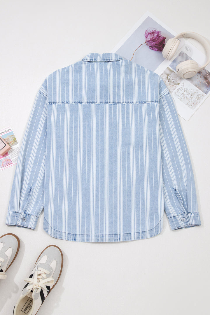 Sky Blue Stripe Boyfriend Chest Pocket Classic Denim Shacket