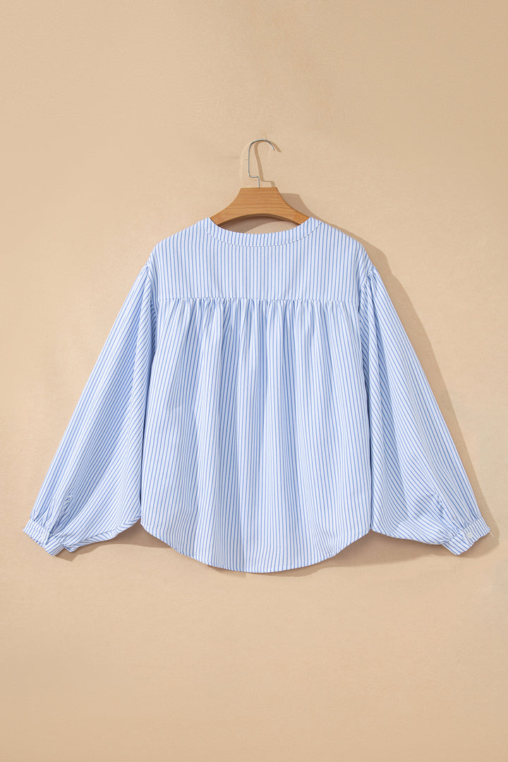 Sky Blue Stripe Floral Embroidered Billowy Sleeve Tunic Baggy Shirt