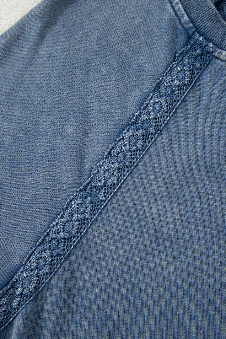 Sail Blue Lace Patchwork Detail Notched Neck Mineral Wash Baggy Sweatshirt