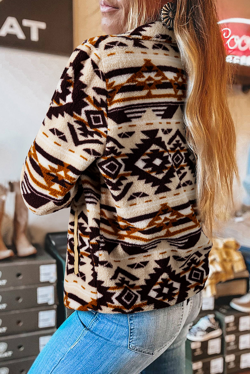 Khaki Western Aztec Half Placket Plush Sweatshirt