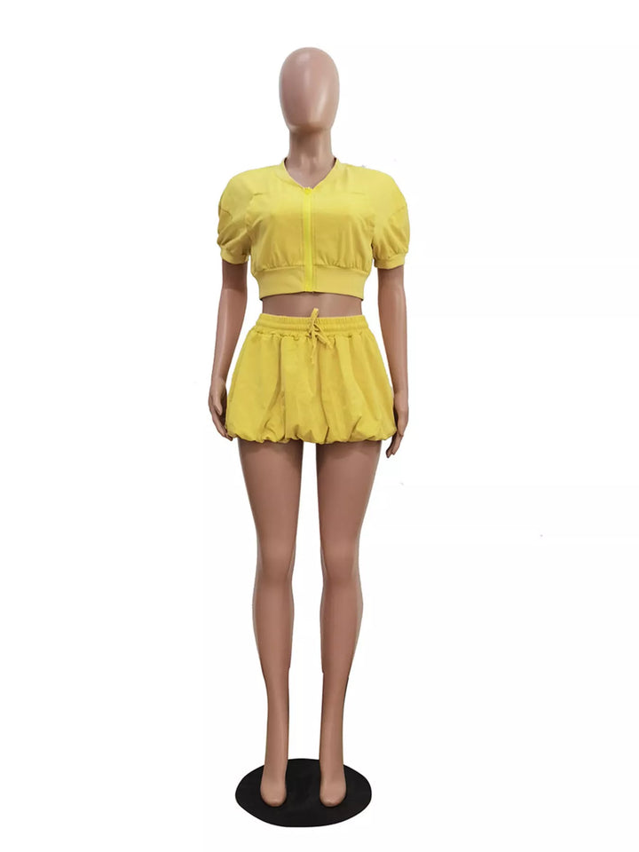 Zip Up Crop Top and Shorts Set