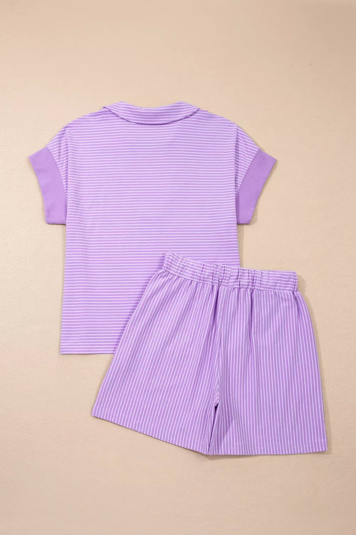 Stripe Dolman Sleeve Polo Shirt and Drawstring Shorts Set