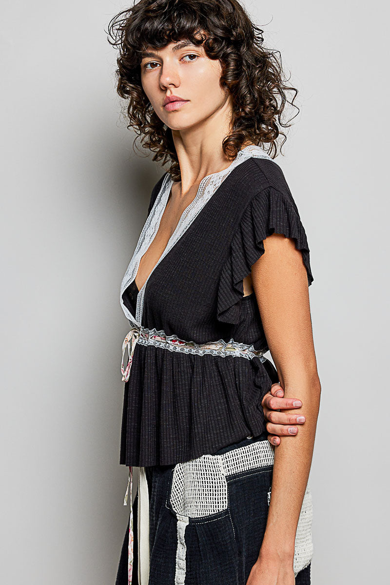 POL Tied Ruffled V-Neck Short Sleeve Blouse with Lace Detail