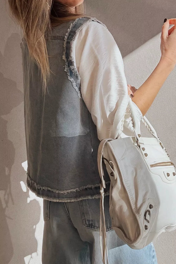 Frayed Edge Flap Pockets Denim Vest Jacket