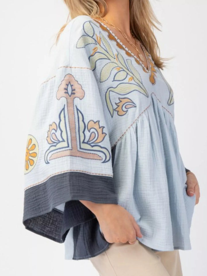 Printed V-Neck Top with Contrast Trim Details