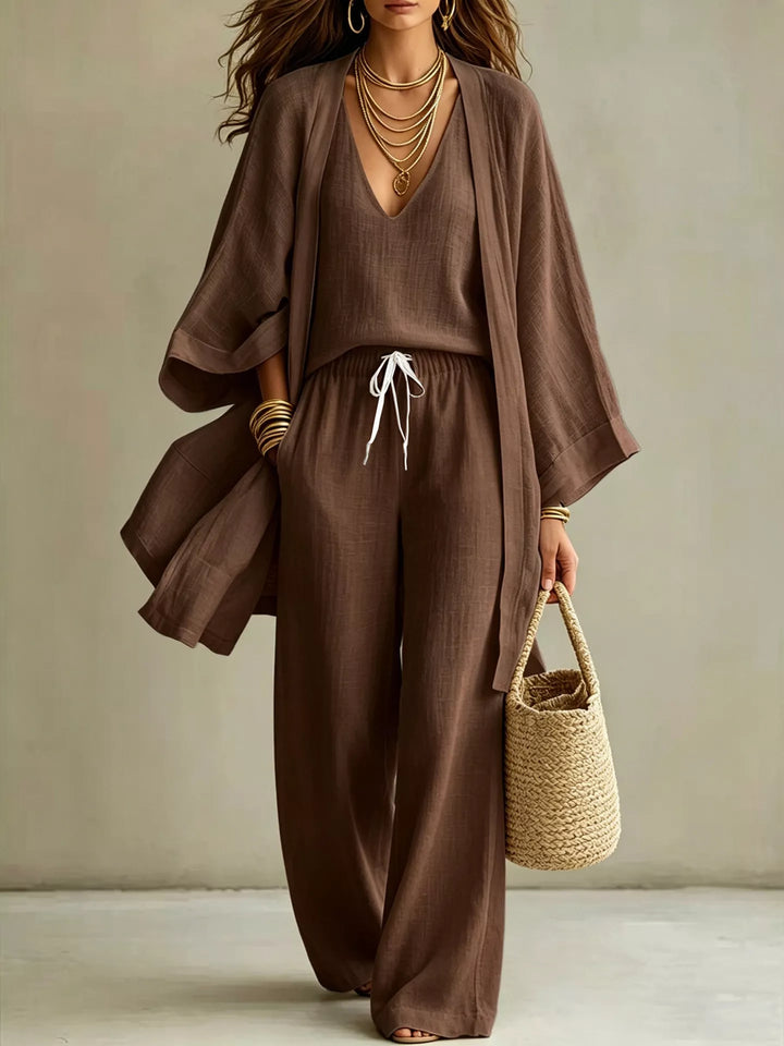 V-Neck Top & Cardigan & Pants Three-Piece Set