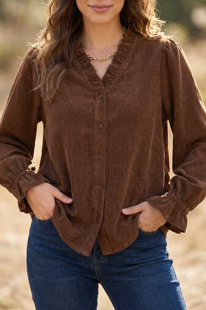 Coffee Solid Color Ruffle Trim V Neck Long Sleeve Button Corduroy Shakcet