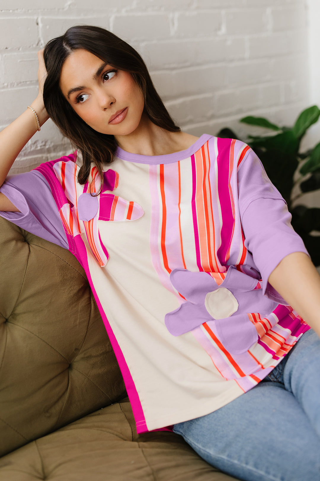 Pink Striped Color Block Flower Patched Half Sleeve Loose Top