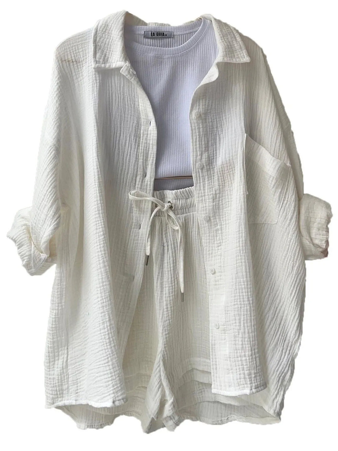 Textured Button Up Shirt and Shorts Set