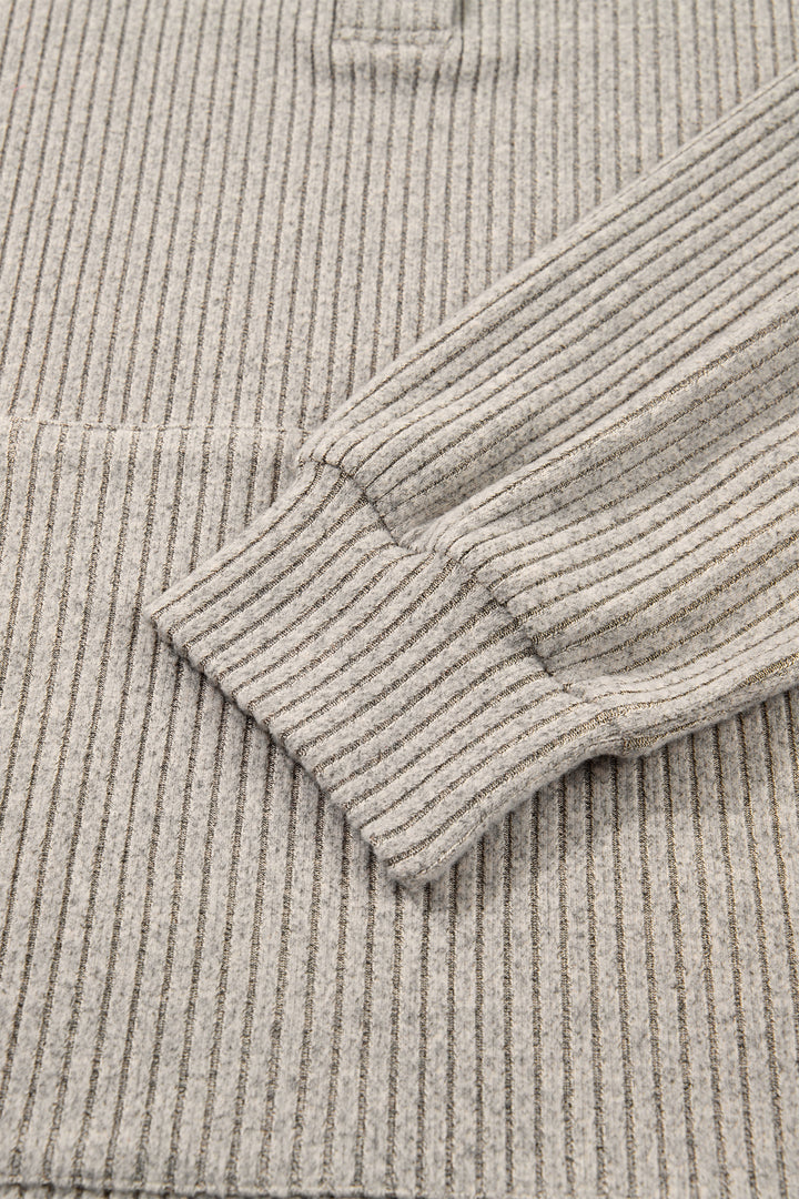 Simply Taupe Plus Size Ribbed Knit Kangaroo Pocket Henley Long Sleeve Top