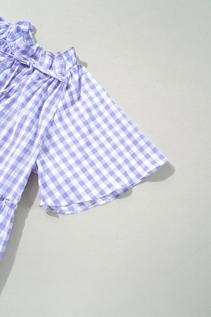 Plaid Tie Neck Short Sleeve Babydoll Mini Dress