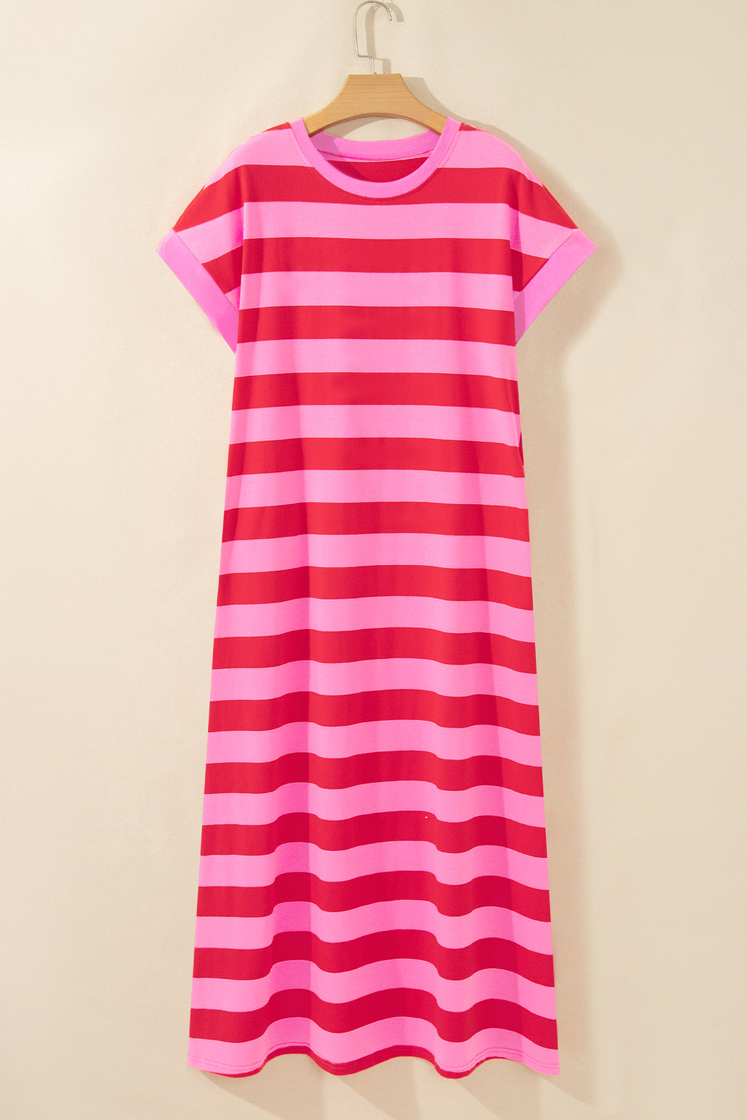 Rose Stripe Cuffed Short Sleeve Pocketed Casual T Shirt Long Dress