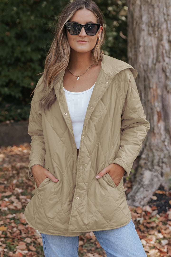 Khaki Quilted Snap Button Hooded Puffer Coat