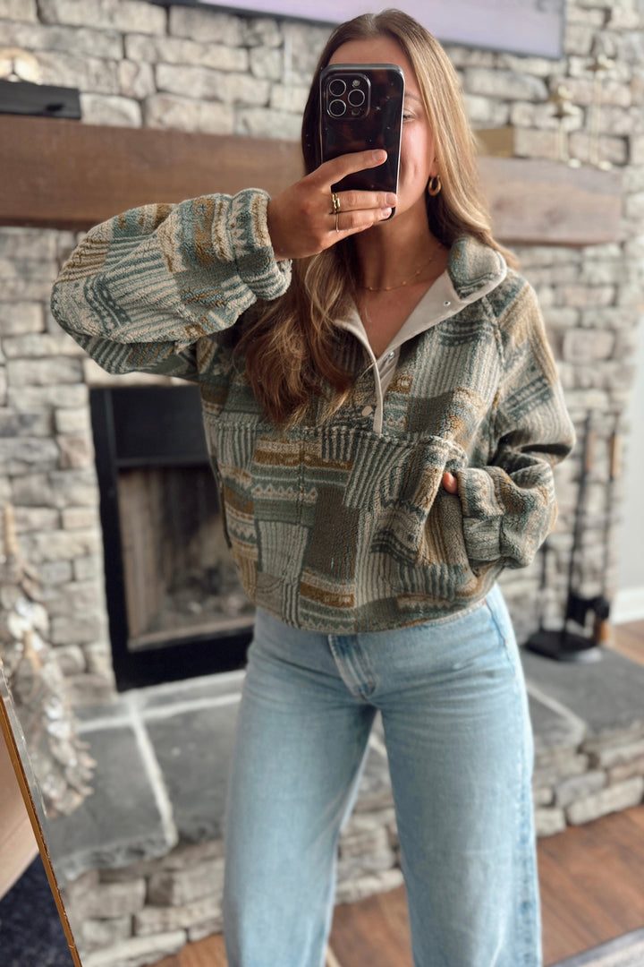 Green Western Print Fleece Pullover Long Sleeve Casual Fit Sweatshirt