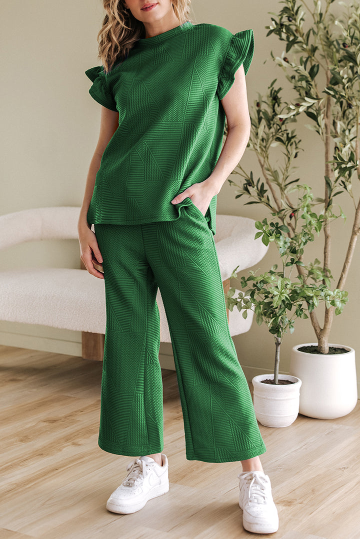 Dark Green Ruffled Sleeve Summer Top and Cropped Loose Pants Set