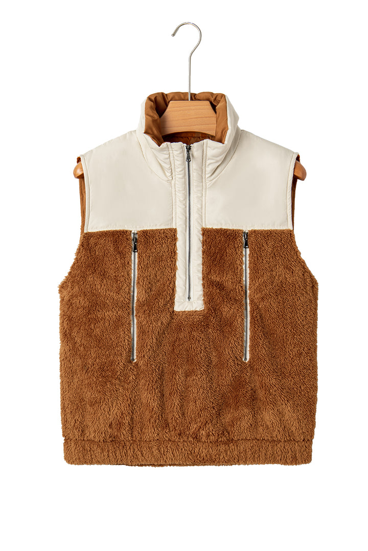 Chestnut Color Block Plush Patchwork Zipper Stand Neck Vest