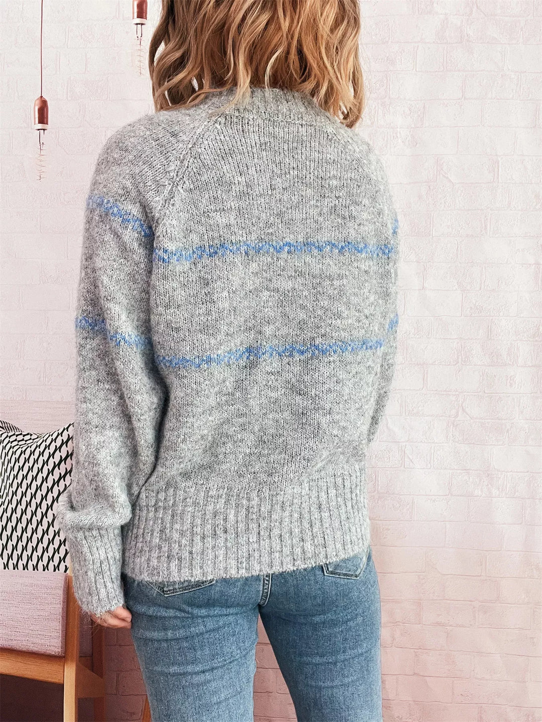 Ribbed Hem Flower Long Sleeve Sweater