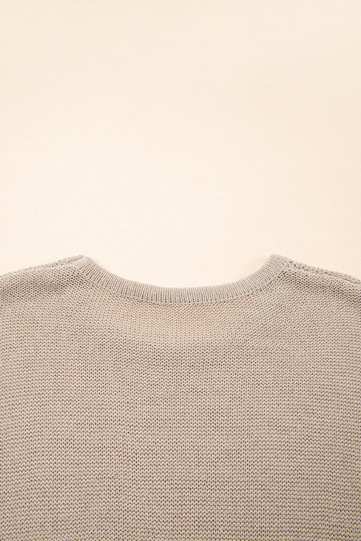 Beige Shiny Knitted Short Sleeve Drop Shoulder Sweater