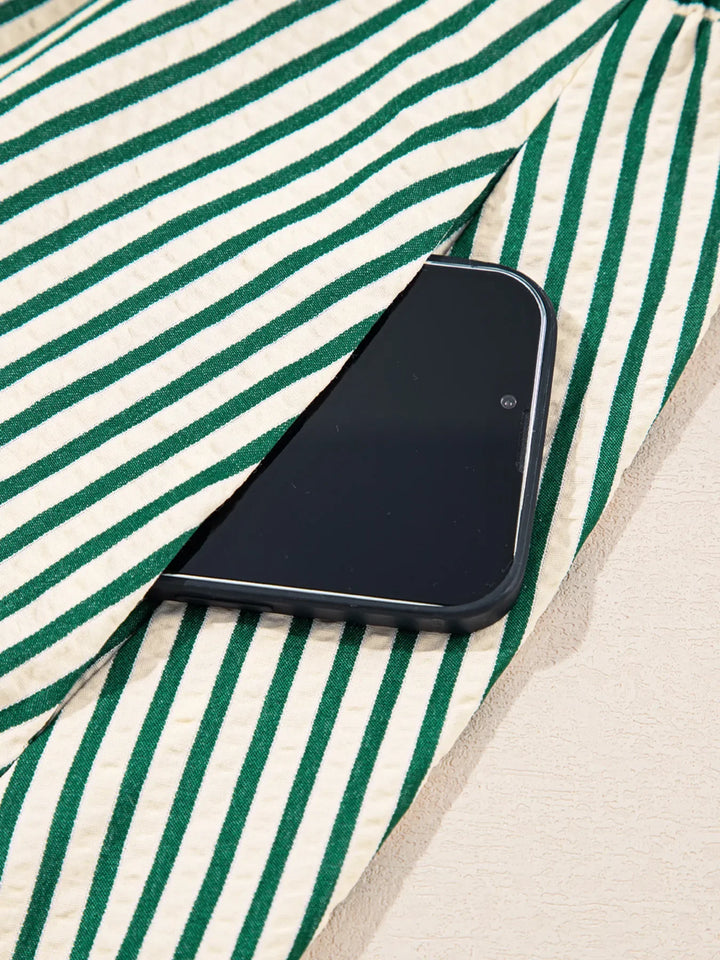 Stripe V Neck Zip Front Cinched High Waist Midi Dress