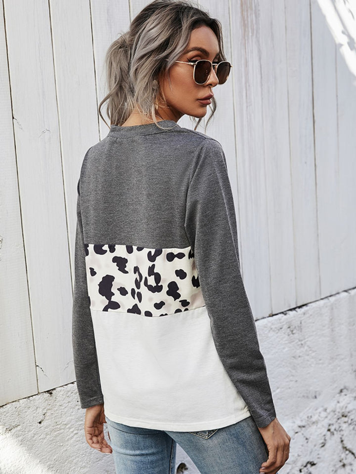 Shiny Leopard Color Block V-Neck Twisted Tee