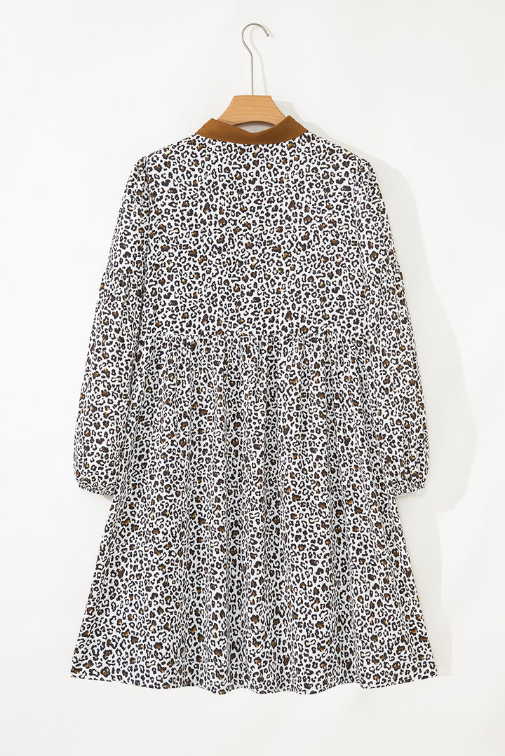 Khaki Plus Size Button V Neck Leopard Print Puff Sleeve Loose Mini Dress