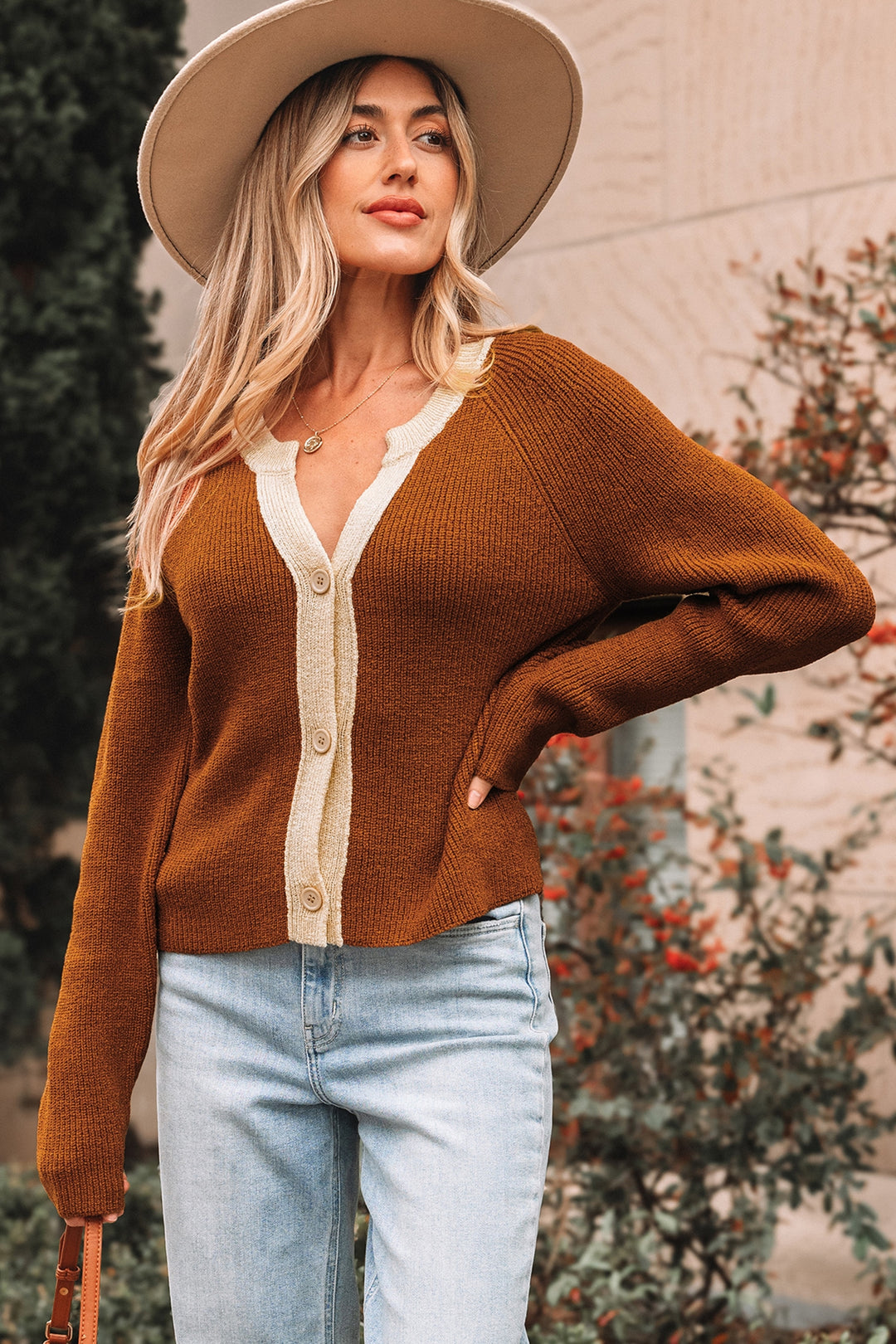 Chestnut Contrast Knit V Neckline Short Cardigan