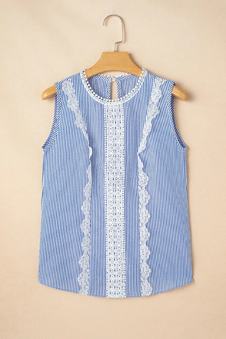 Stripe Lace Patchwork Crew Neck Sleeveless Top