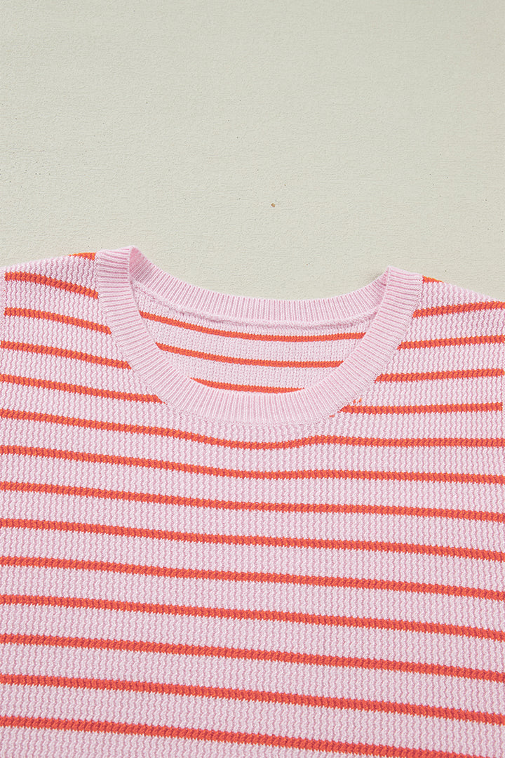 Pink Stripe Textured Knit Sleeveless Casual Sweater Top