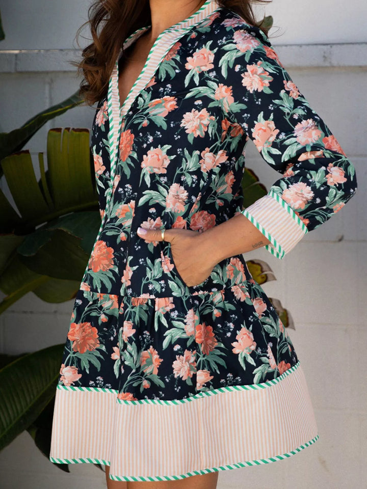 Floral Print Striped Trim V Neck Long Sleeve Ruffle Hem Shift Mini Dress