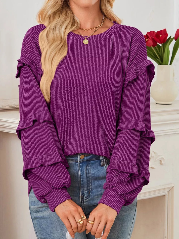 Round Neck Ruffled Long Sleeve Sweatshirt